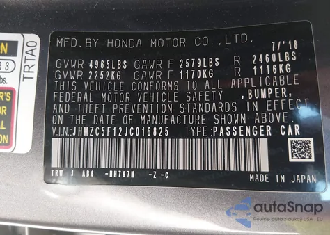 2018 Honda Clarity Plug-In Hybrid z USA, uszkodzony, nr VIN JHMZC5F12JC016825